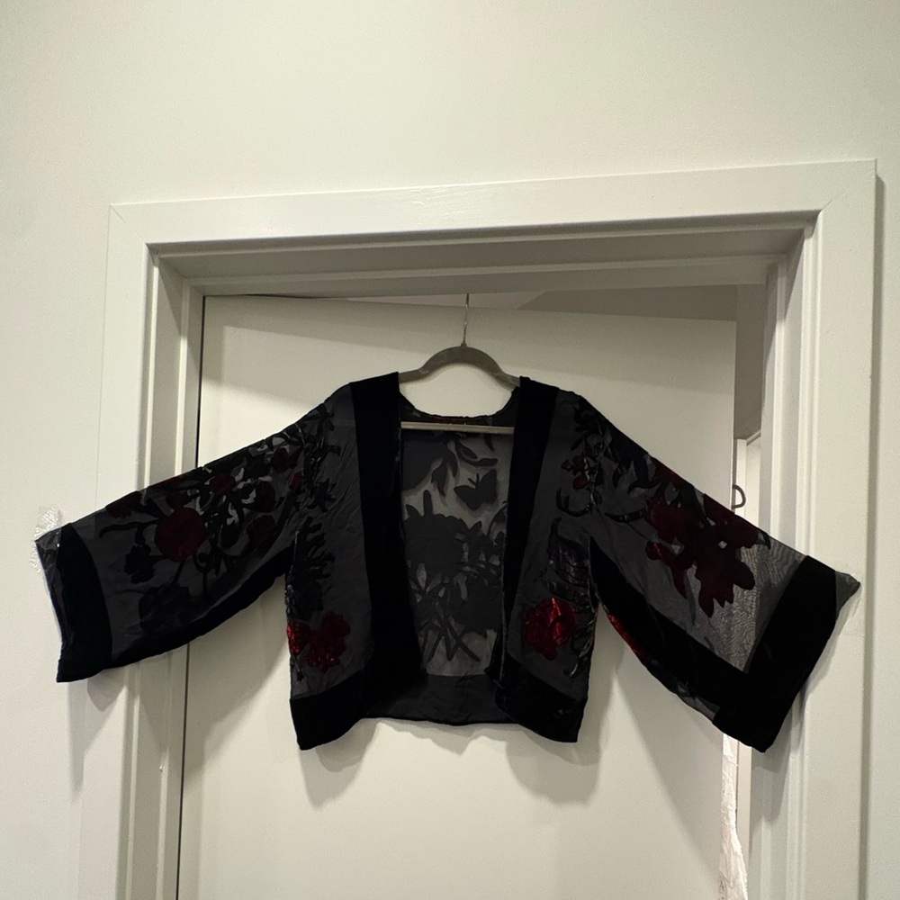 Vintage silk velvet sheer burnout flare sleeve open kimono small - Picture 4 of 12